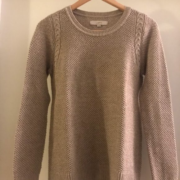 Tan Crew Neck Cable Knit Sweater (Loft, M) - Picture 1 of 5